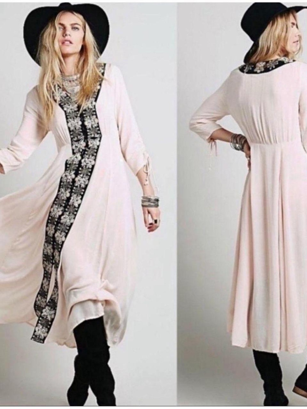 Free People Pale Pink Maxi Dress with Black Embroidered Panel